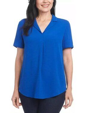 NWT Hilary Radley Women's XL Blue Collared Short Sleeve Blouse Polyester  B0500